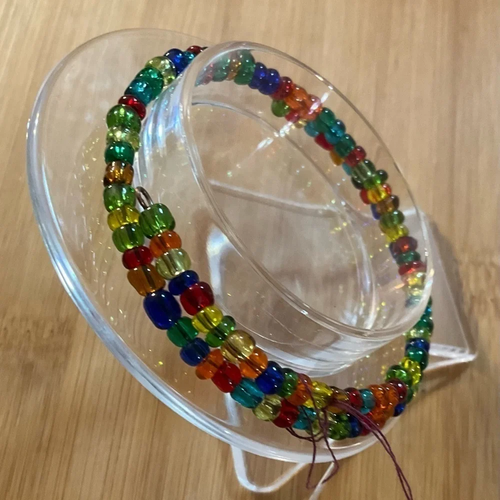 Hand Crafted Wrap Bracelet Seed Beads Blue Green Red Orange Memory Wire
